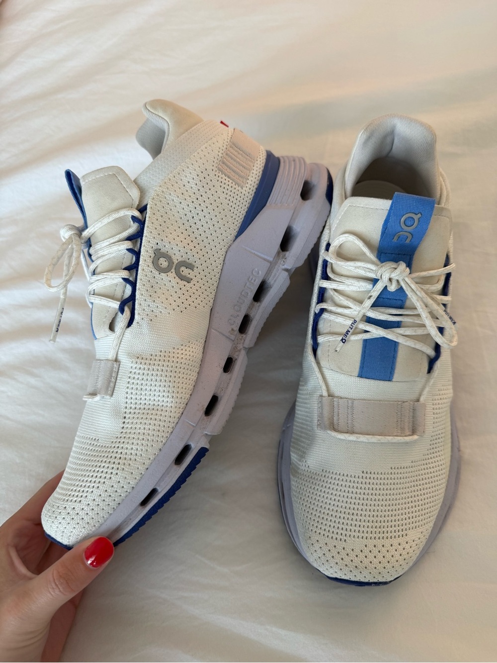 On Cloudswift Women’s White Athletic Shoes with Blue Accents